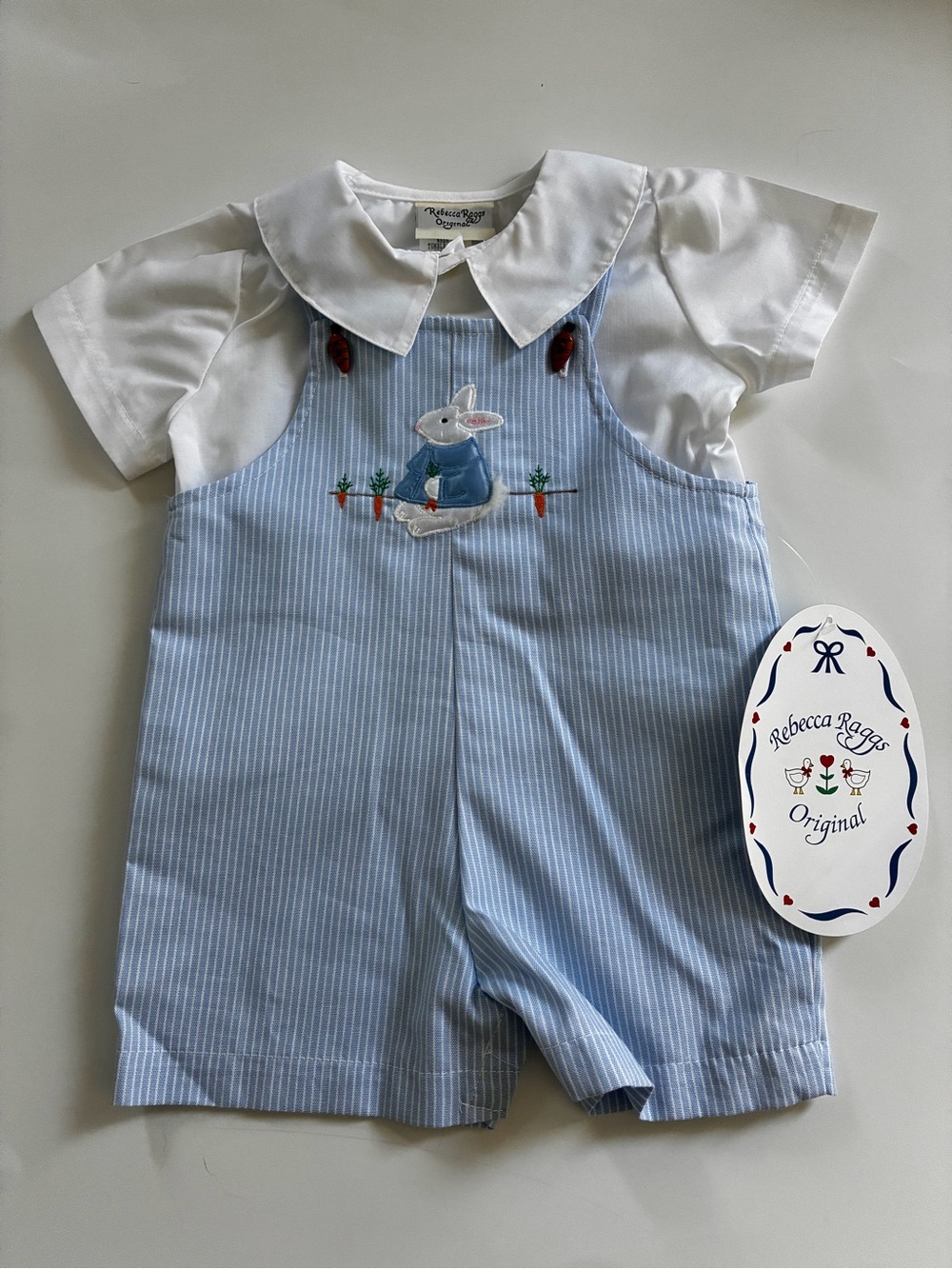 Vintage Rebecca Rags Original Romper Set 9 Months~Boys Blue Rabbit Shortall Set